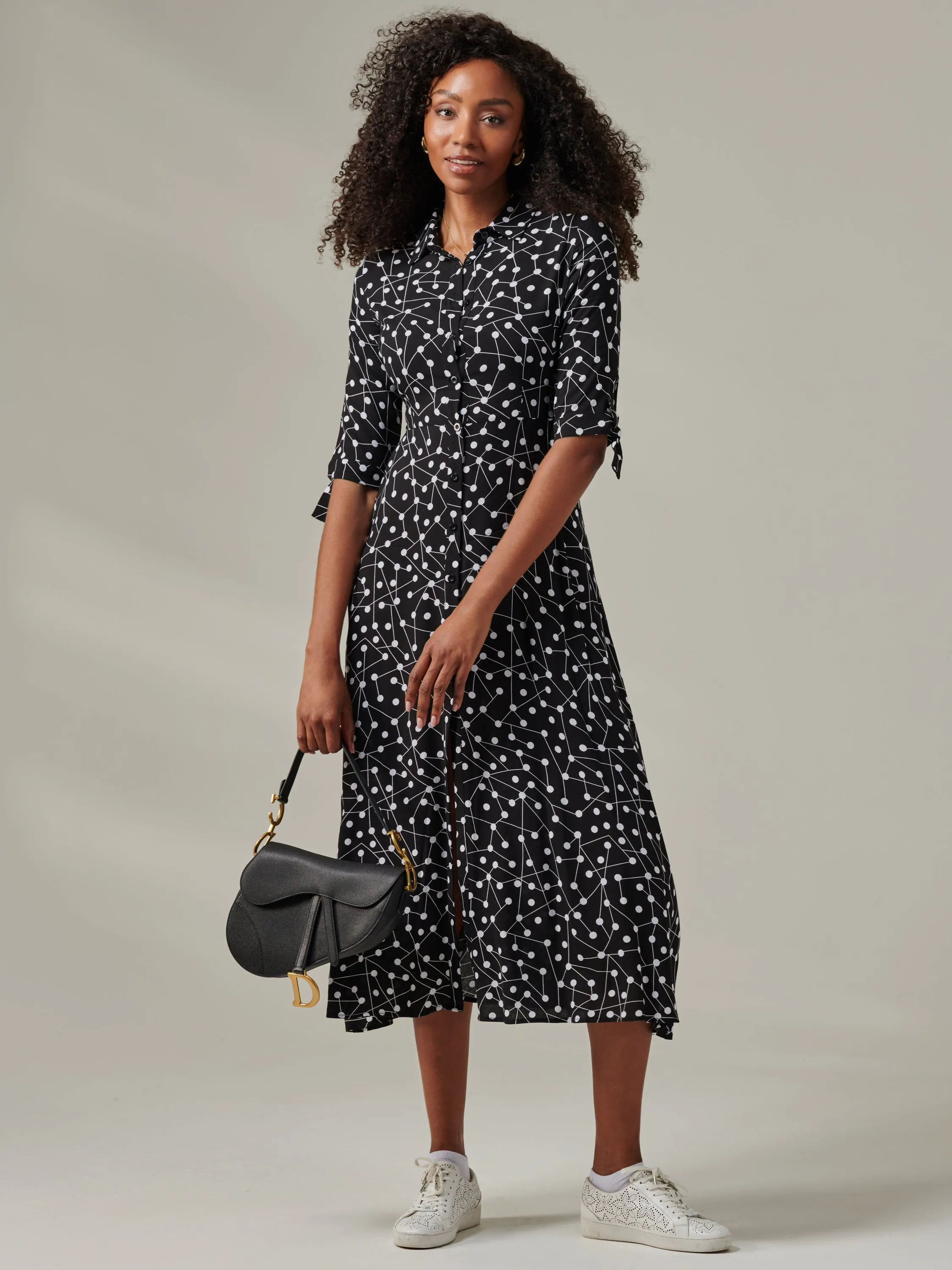 Nora Print Viscose Maxi Shirt Dress, Black Spot