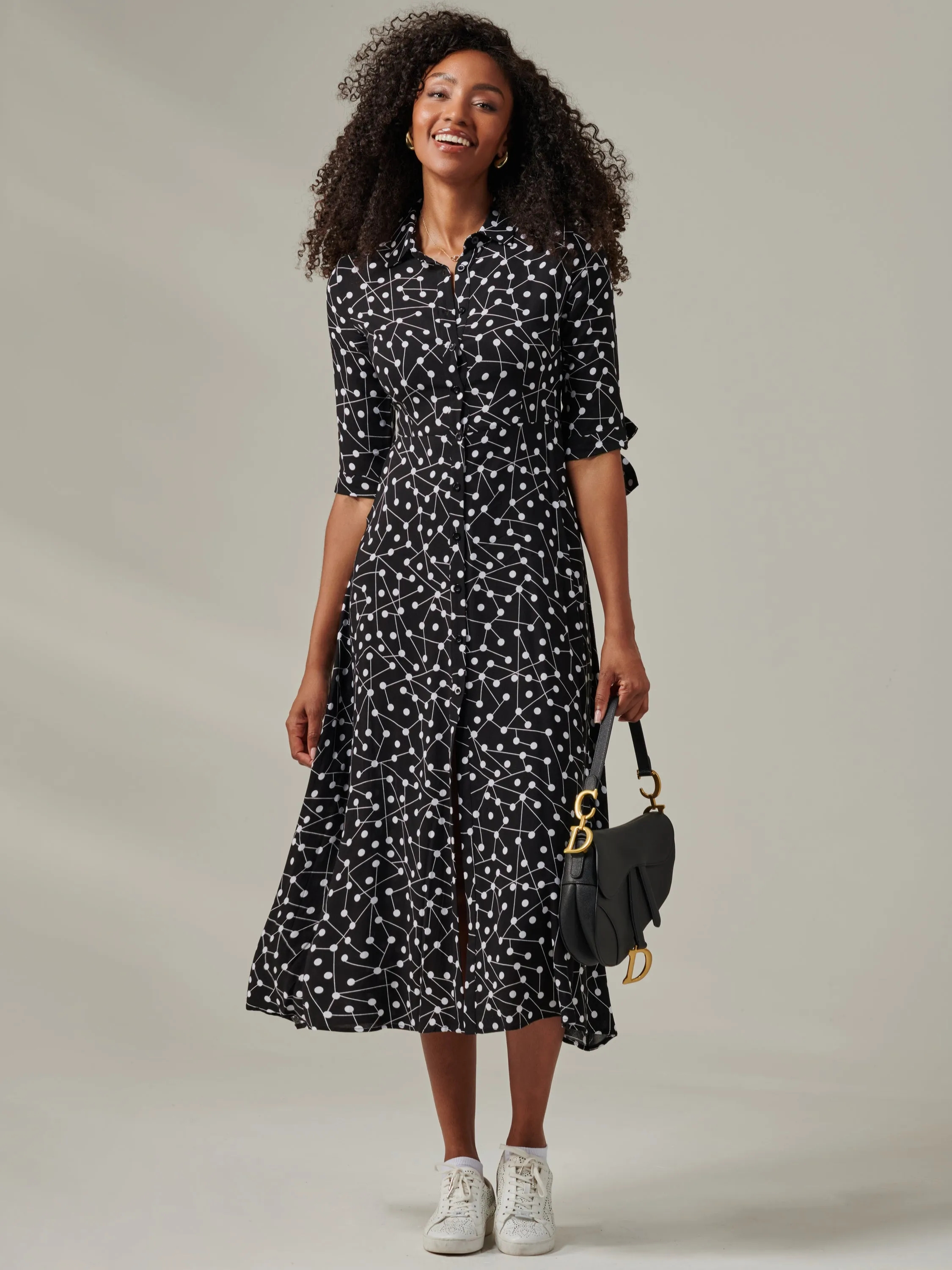 Nora Print Viscose Maxi Shirt Dress, Black Spot