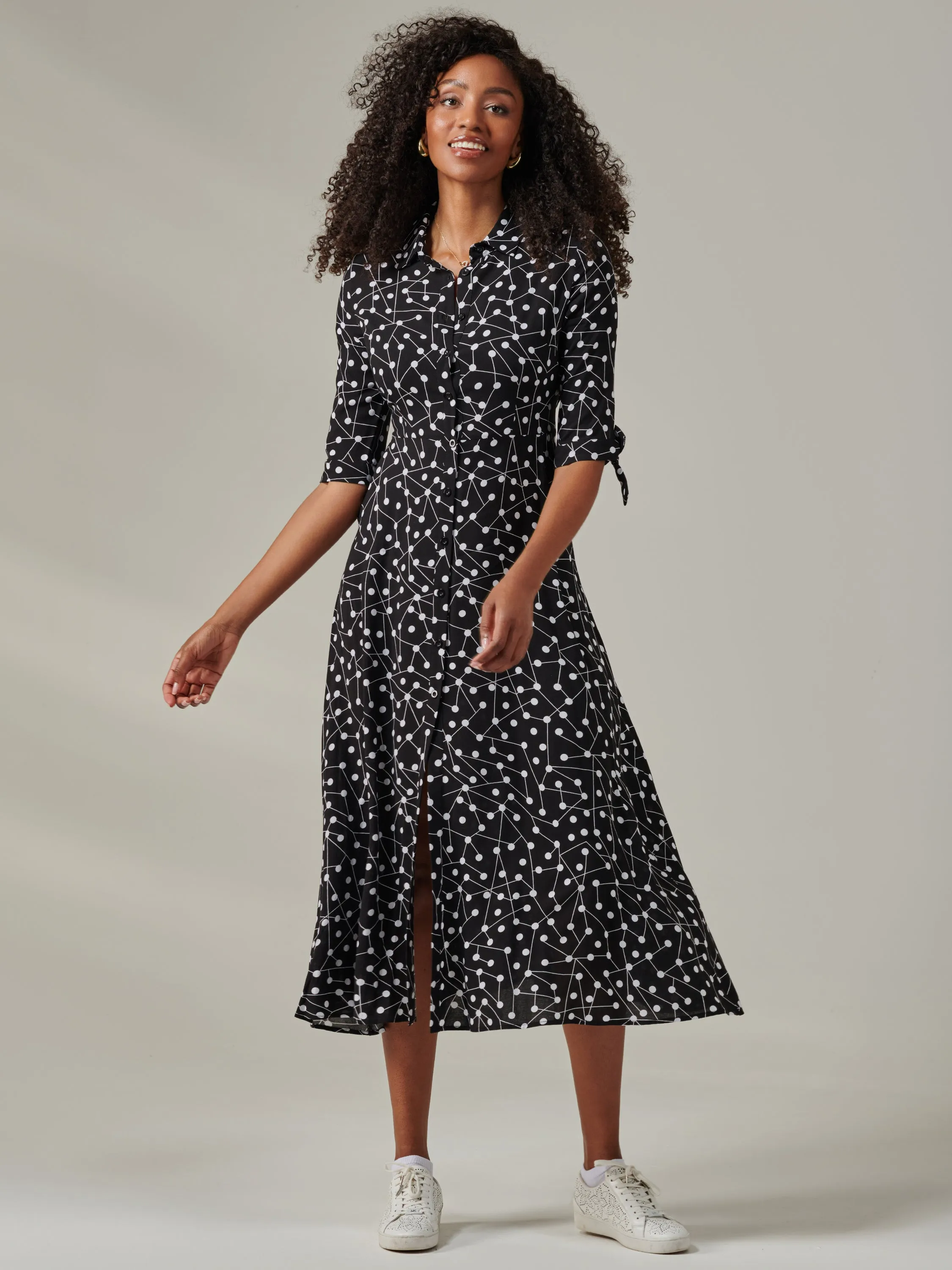 Nora Print Viscose Maxi Shirt Dress, Black Spot