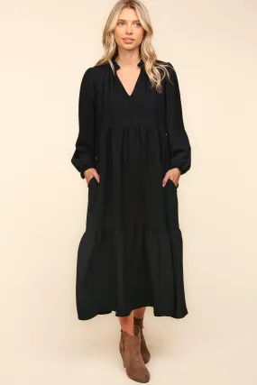 Notch Neck Babydoll Long Sleeve Maxi Dress - Black