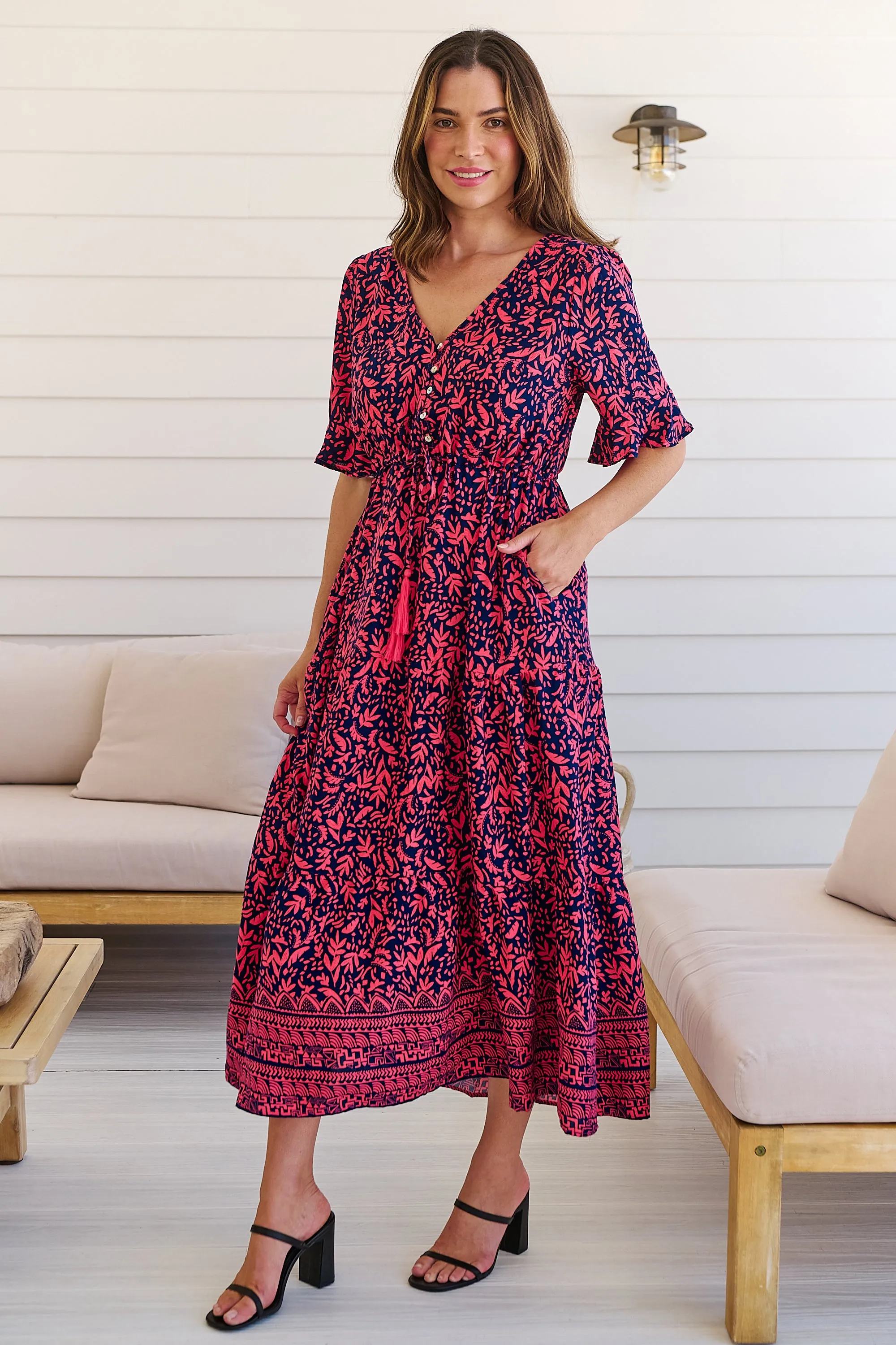 Nyla Navy/Pink/Red V Neck Maxi Dress