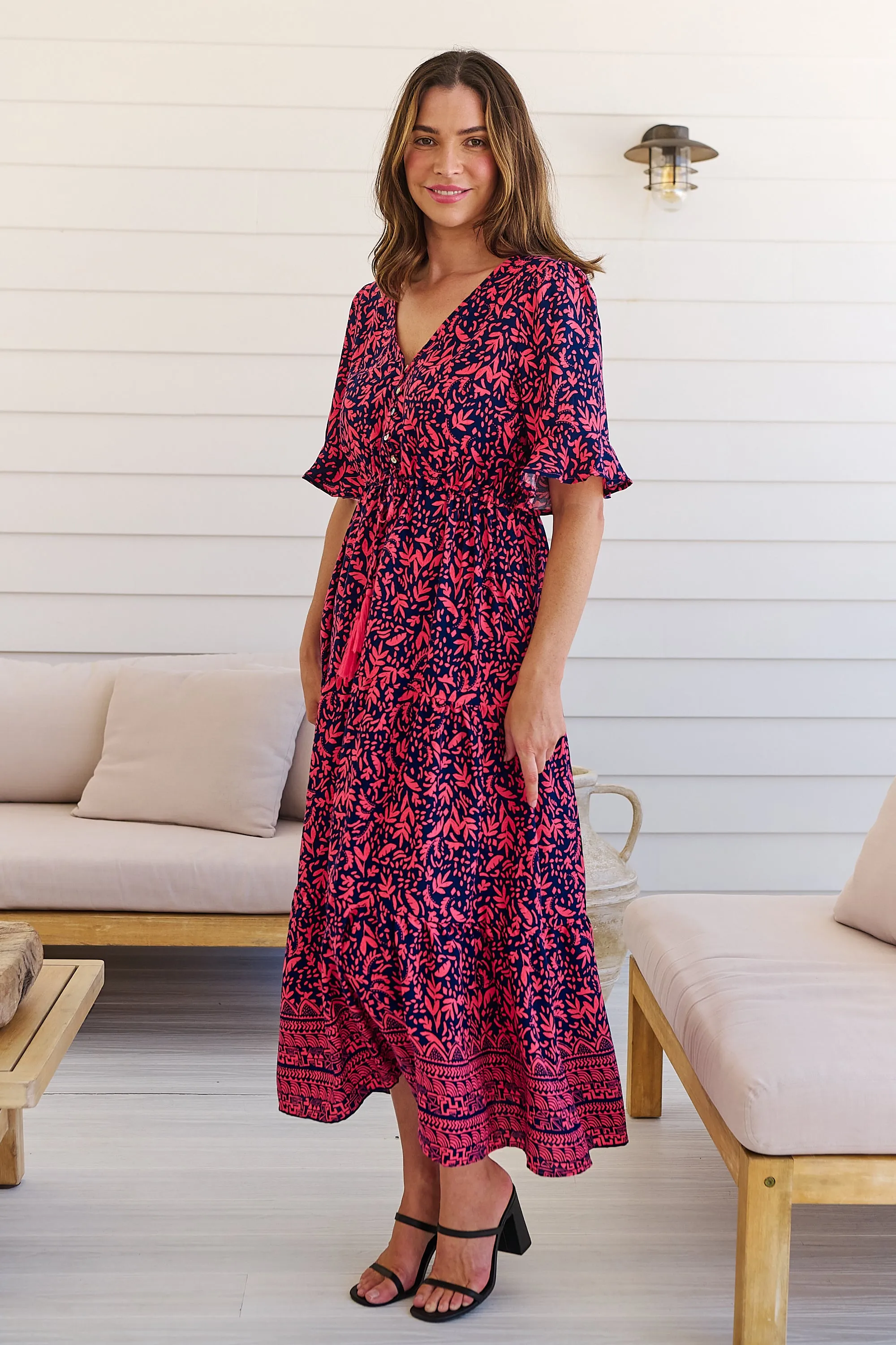 Nyla Navy/Pink/Red V Neck Maxi Dress