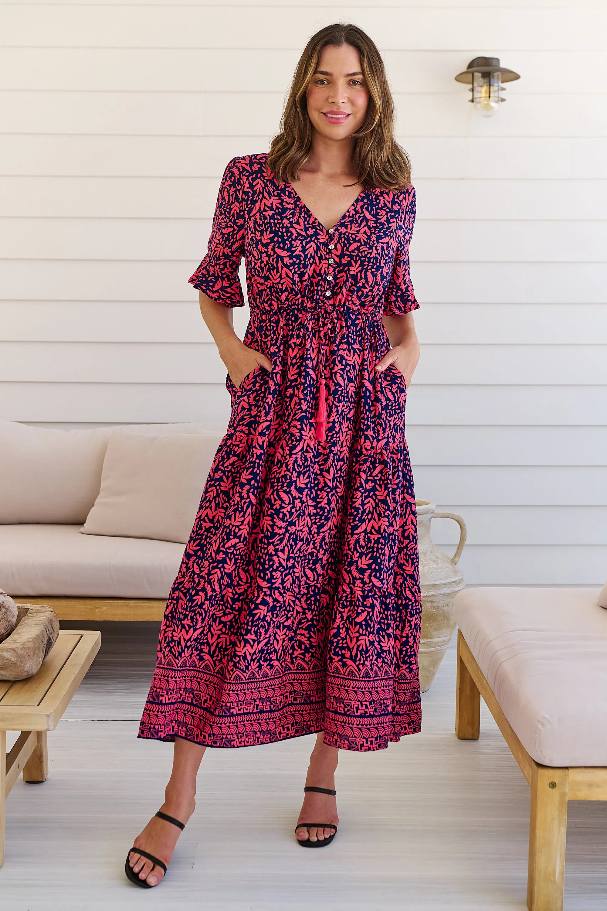 Nyla Navy/Pink/Red V Neck Maxi Dress