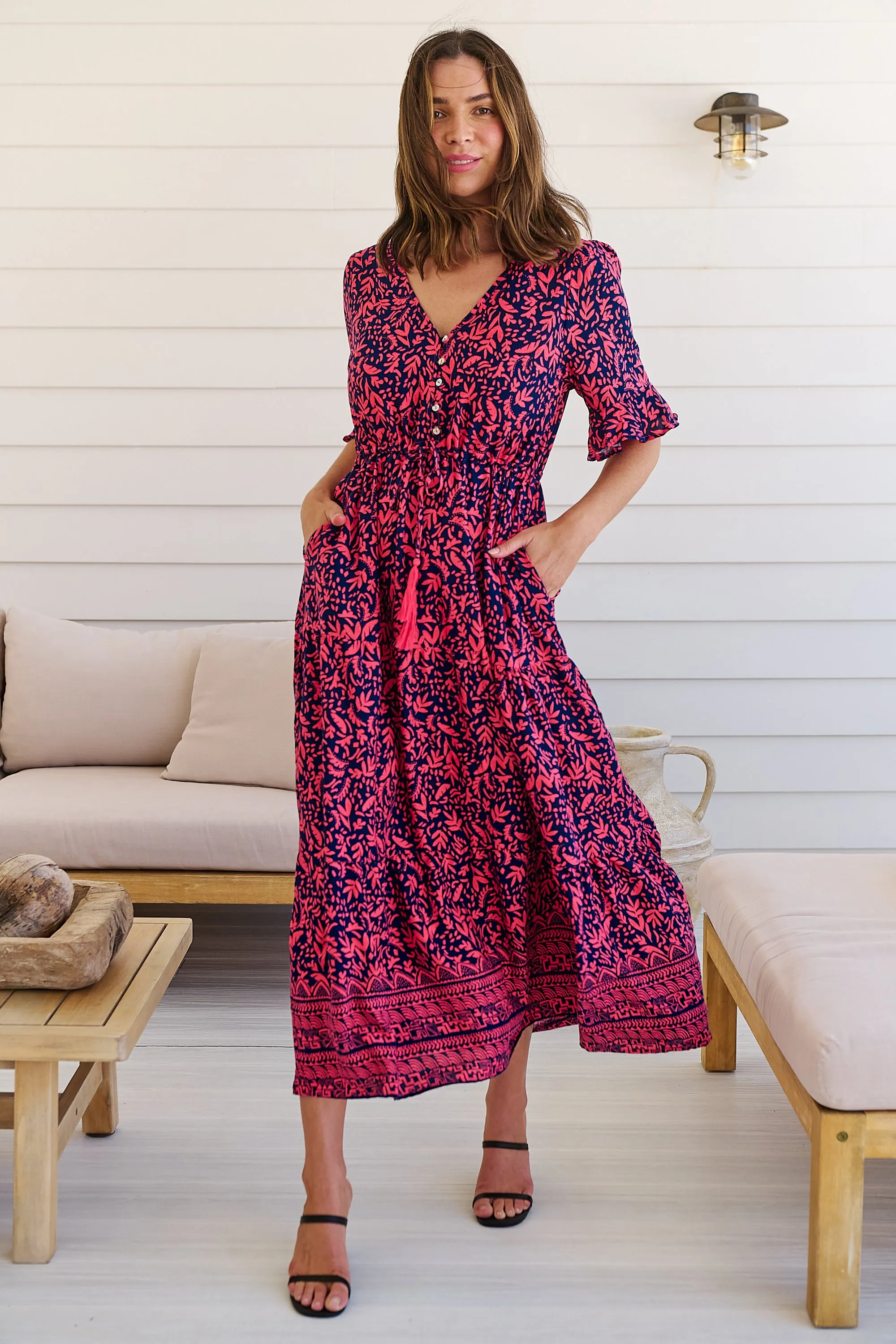 Nyla Navy/Pink/Red V Neck Maxi Dress