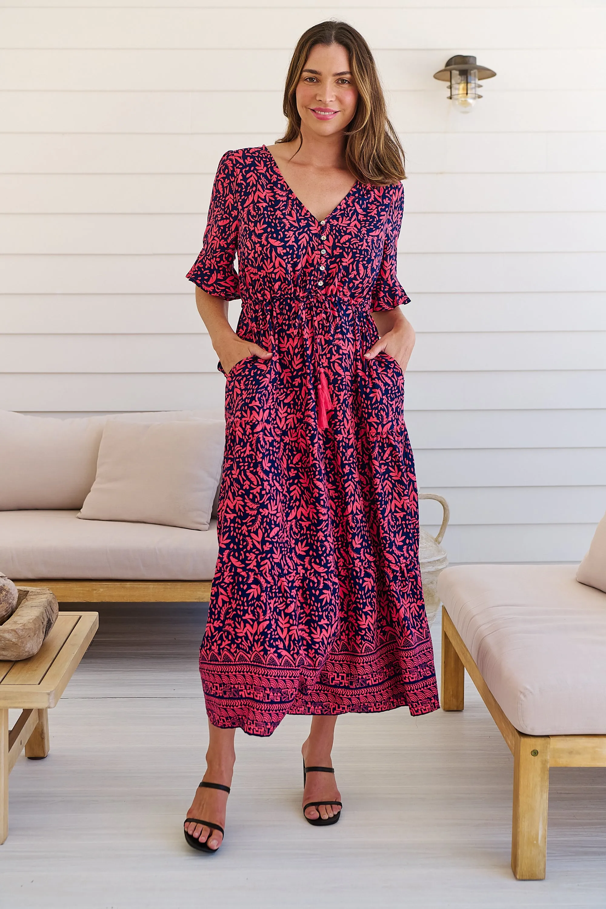 Nyla Navy/Pink/Red V Neck Maxi Dress