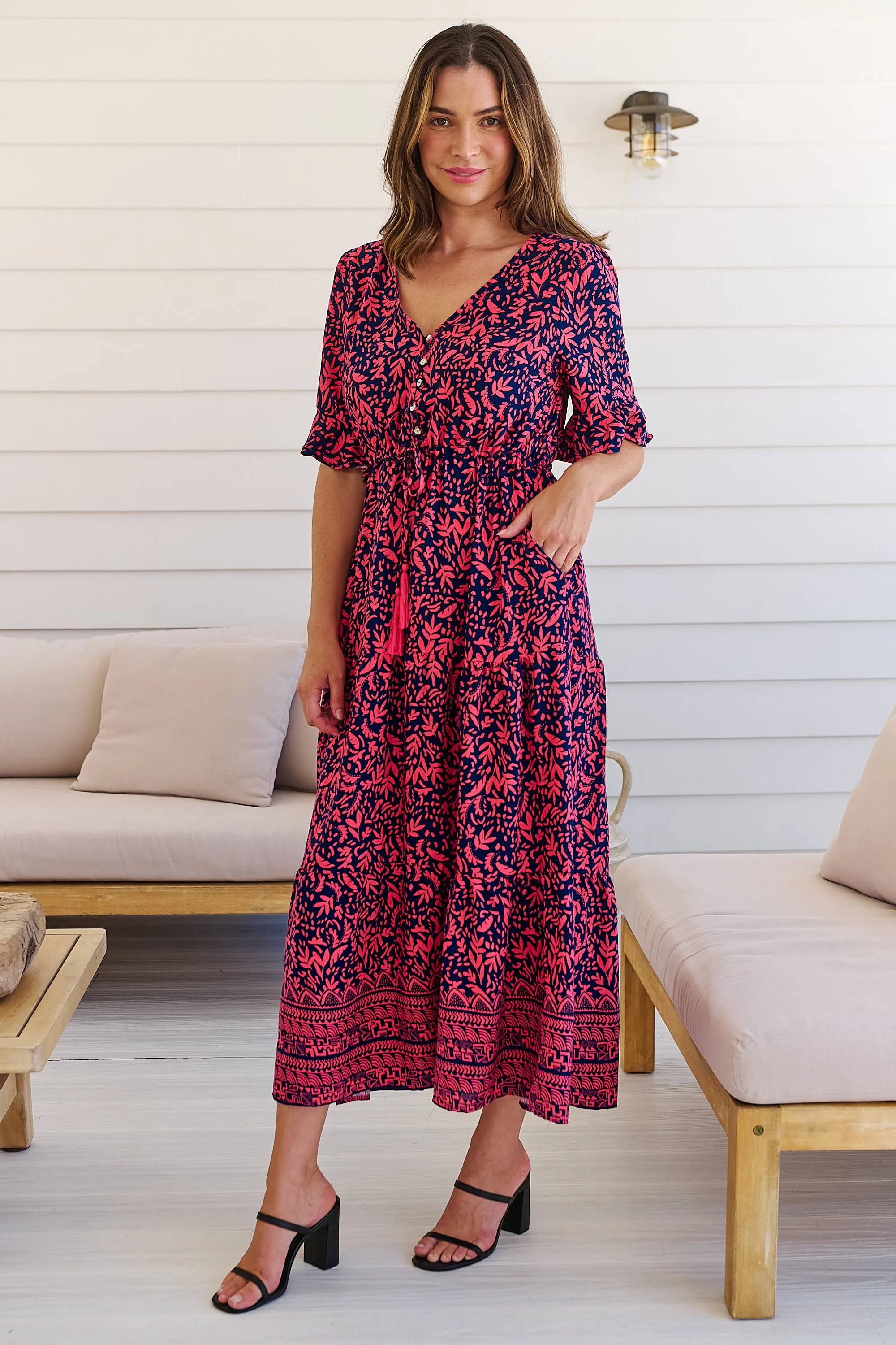 Nyla Navy/Pink/Red V Neck Maxi Dress