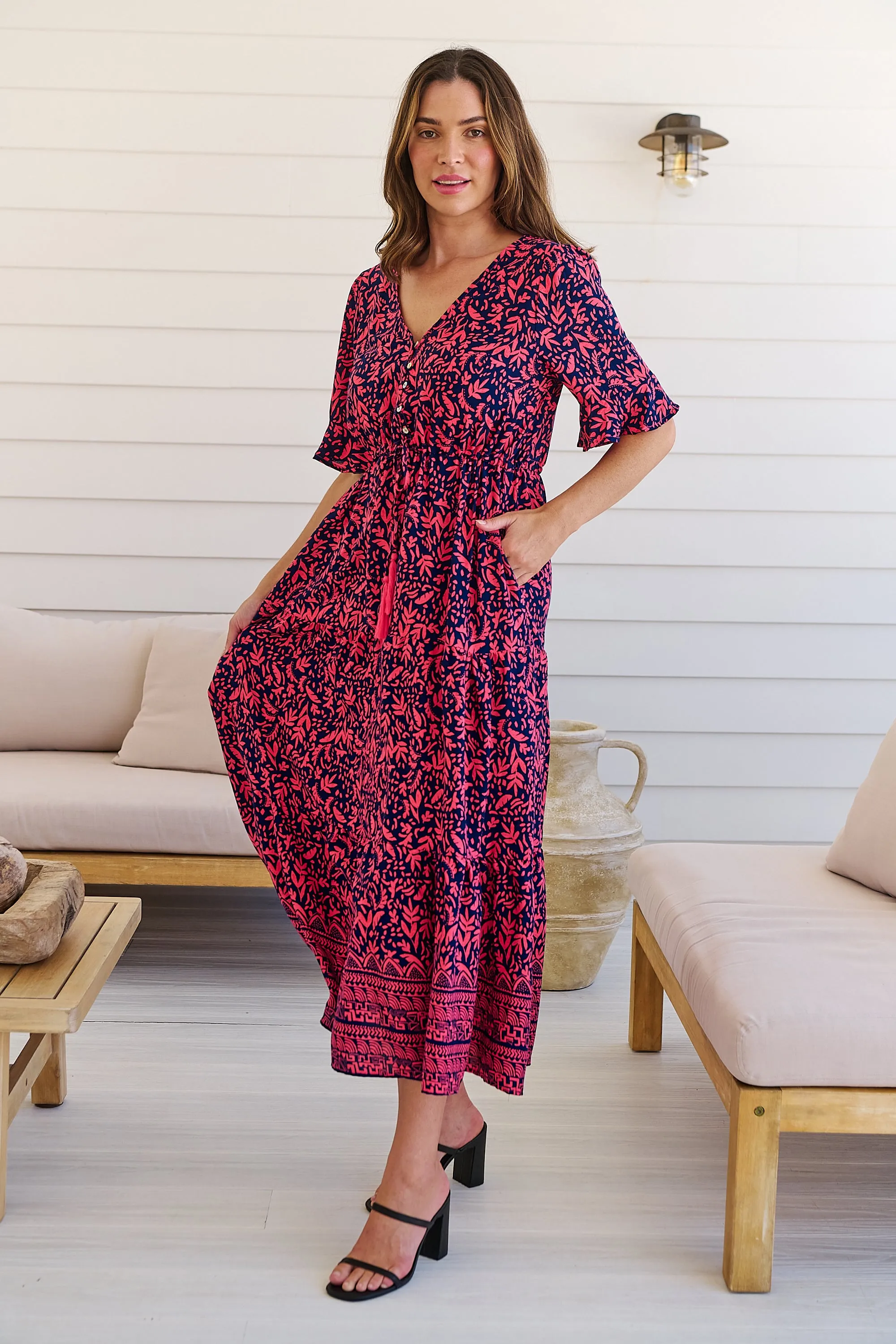 Nyla Navy/Pink/Red V Neck Maxi Dress