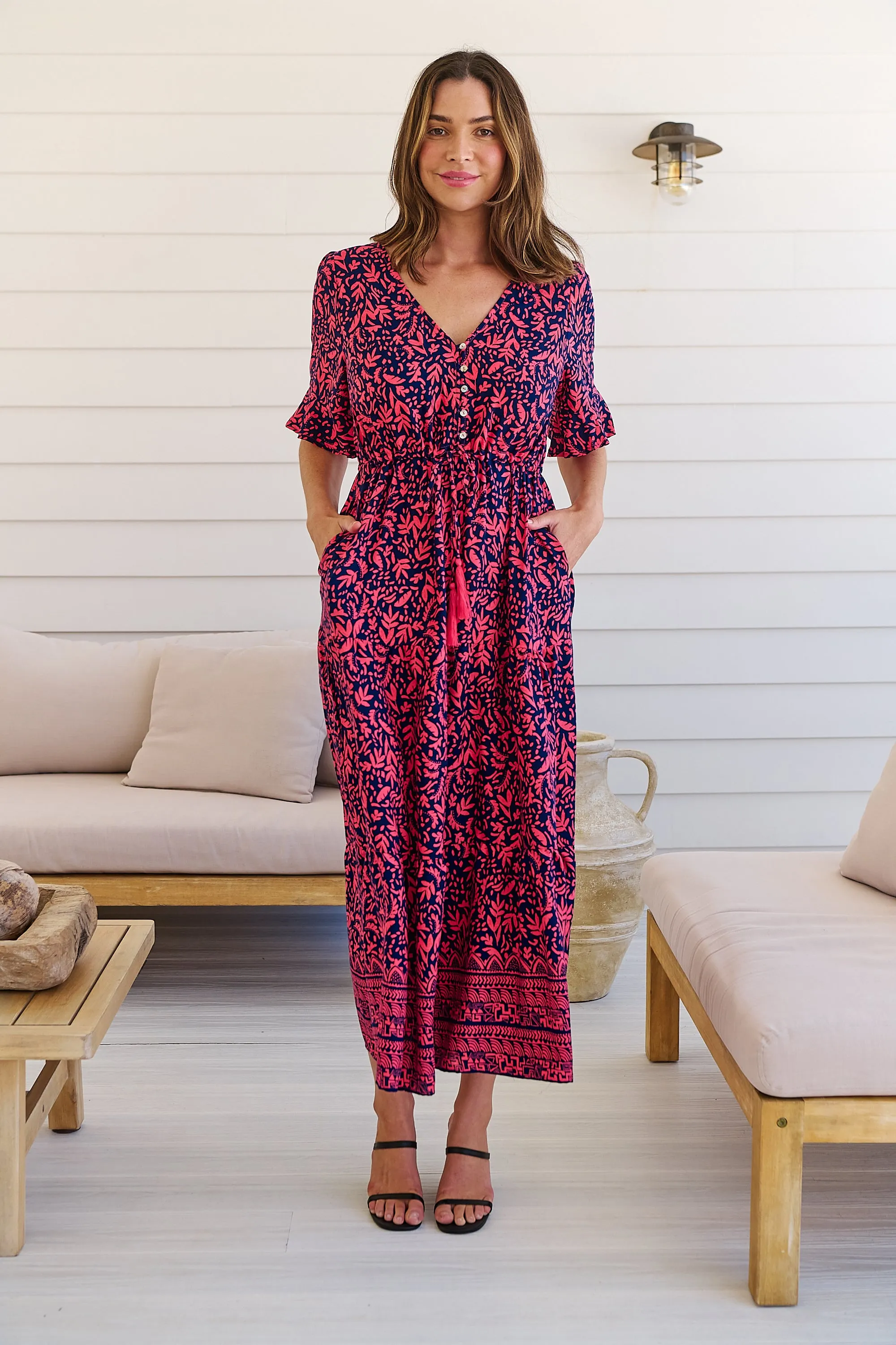 Nyla Navy/Pink/Red V Neck Maxi Dress