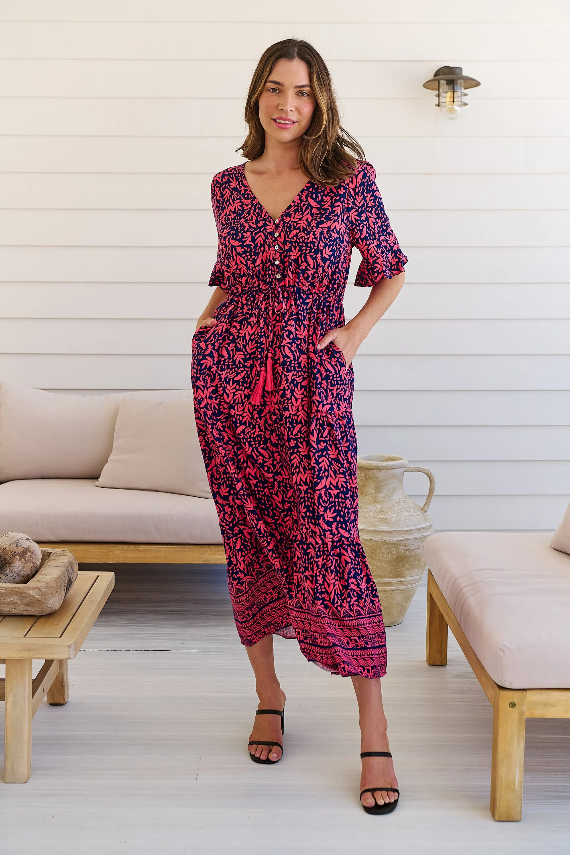 Nyla Navy/Pink/Red V Neck Maxi Dress