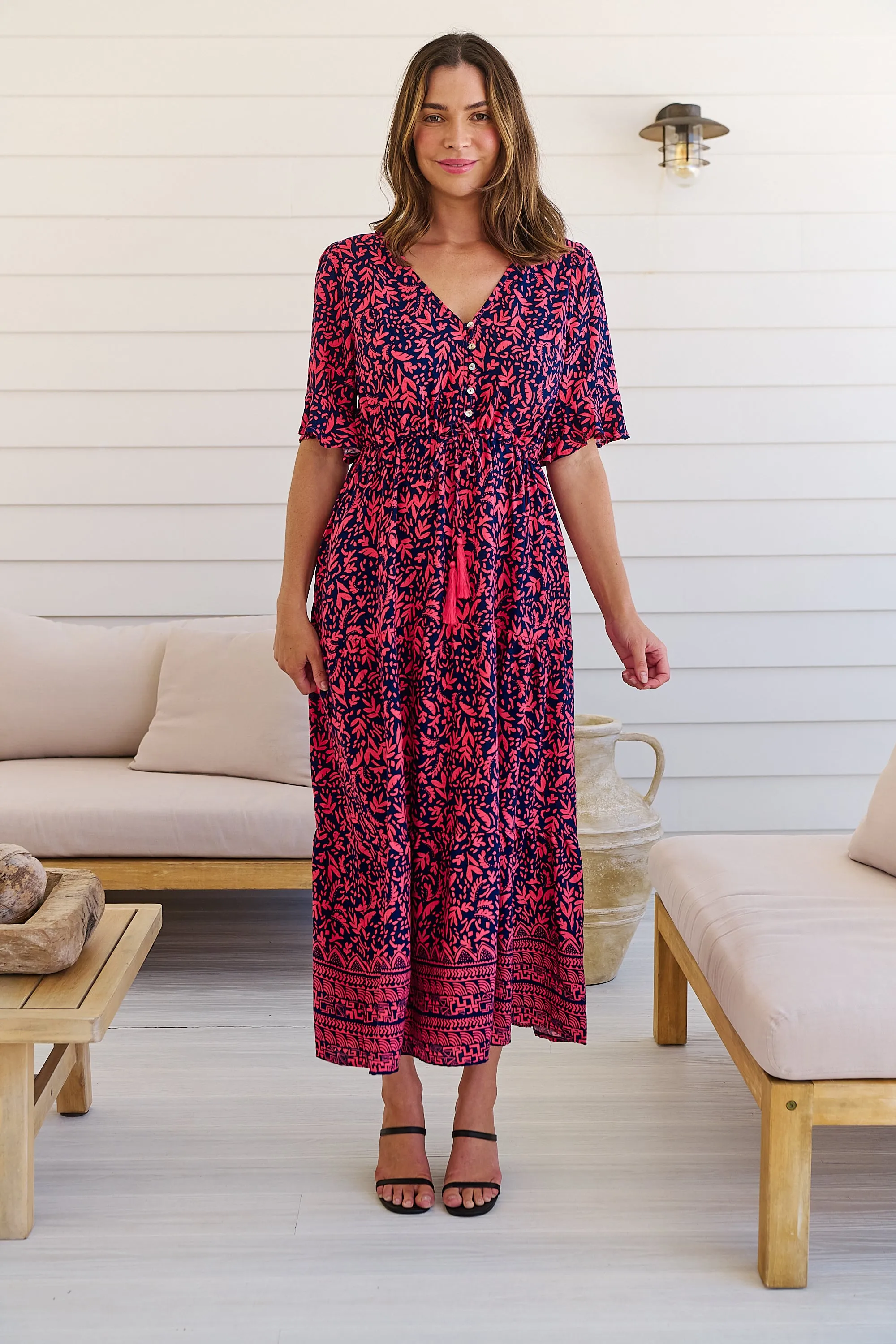 Nyla Navy/Pink/Red V Neck Maxi Dress