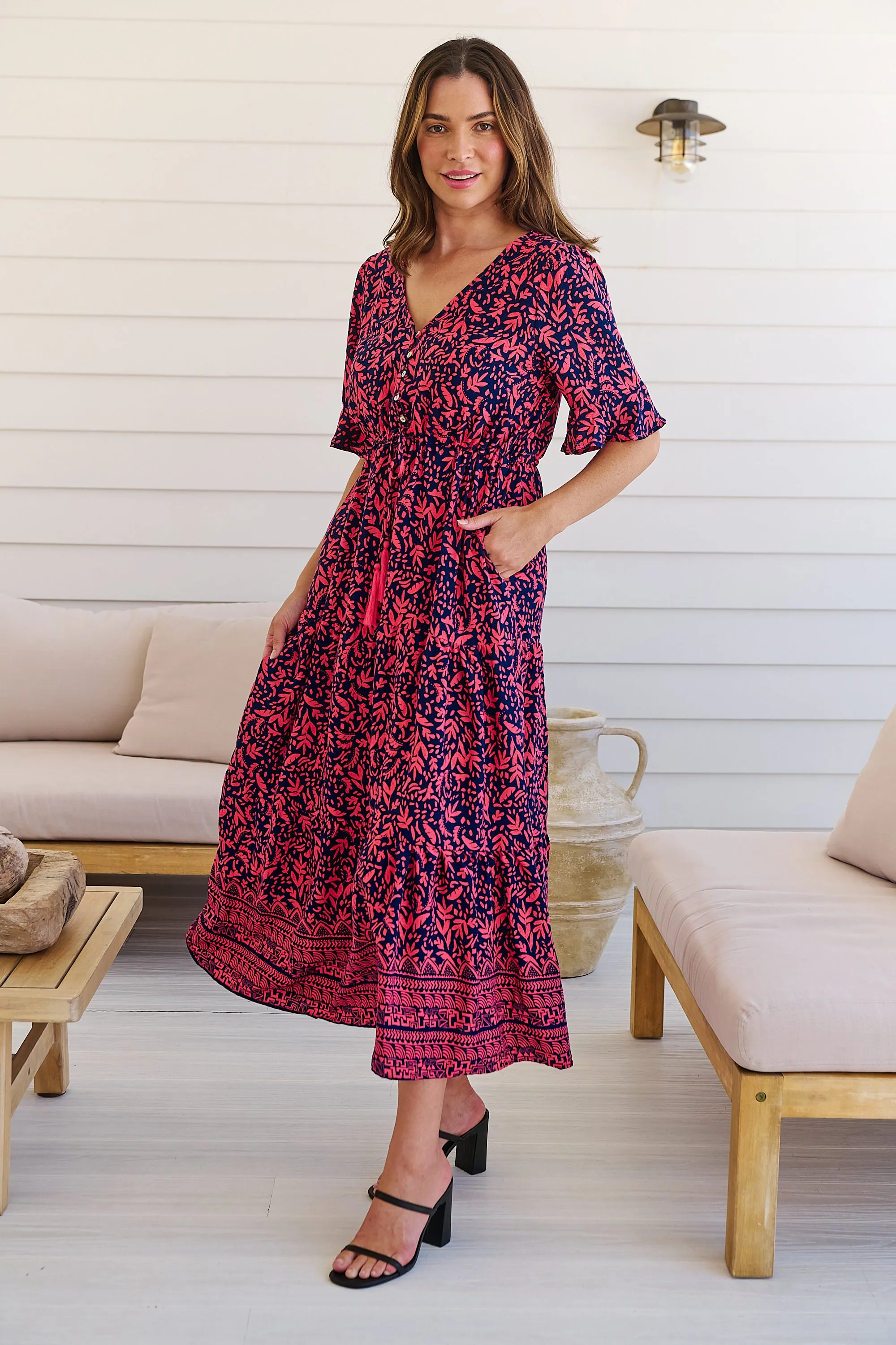 Nyla Navy/Pink/Red V Neck Maxi Dress