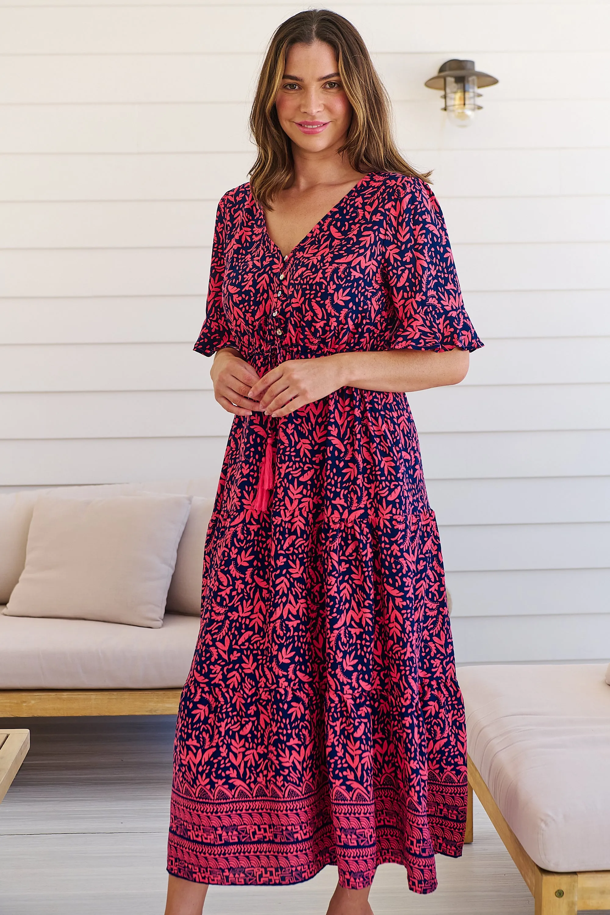 Nyla Navy/Pink/Red V Neck Maxi Dress