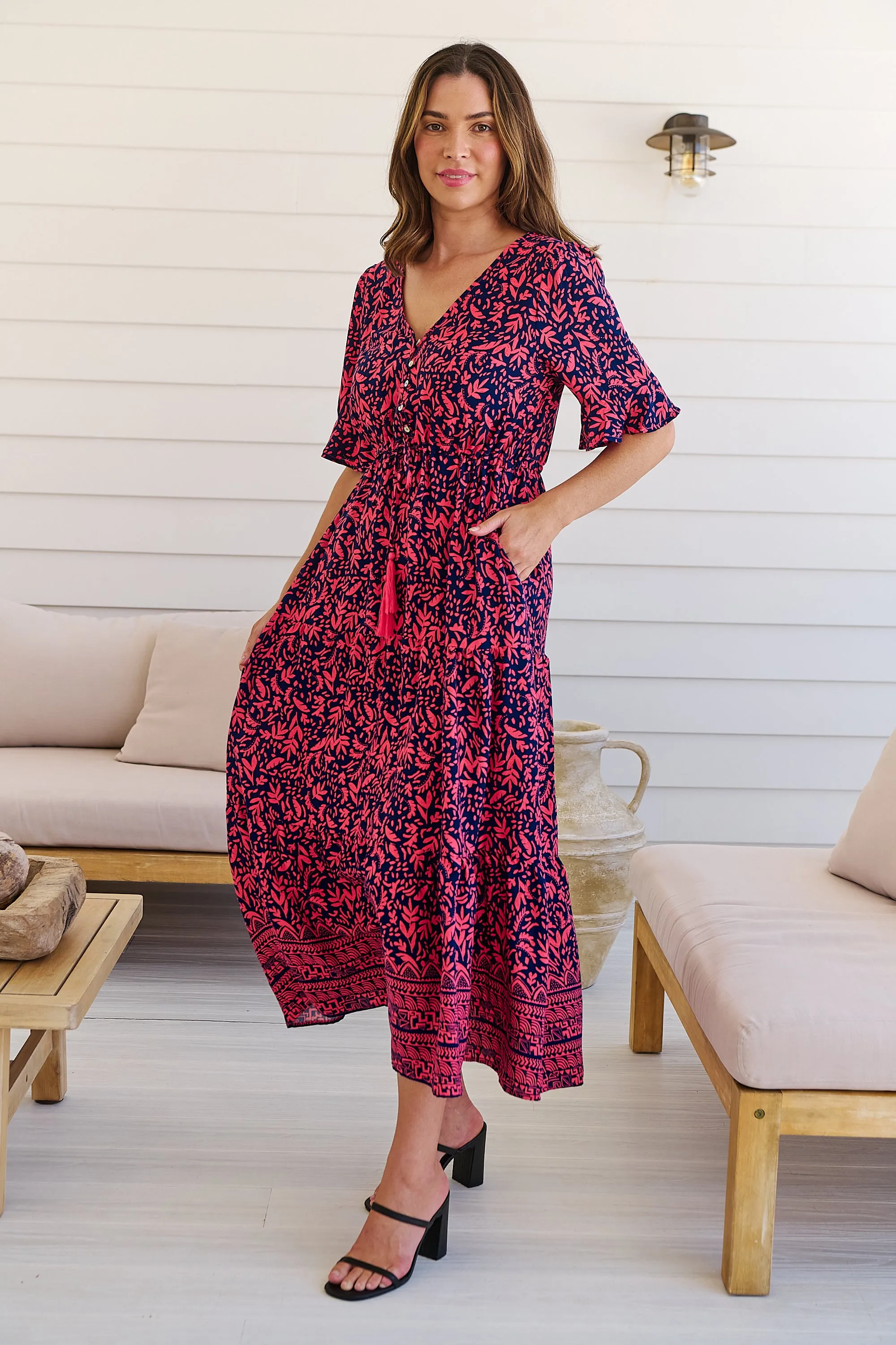 Nyla Navy/Pink/Red V Neck Maxi Dress