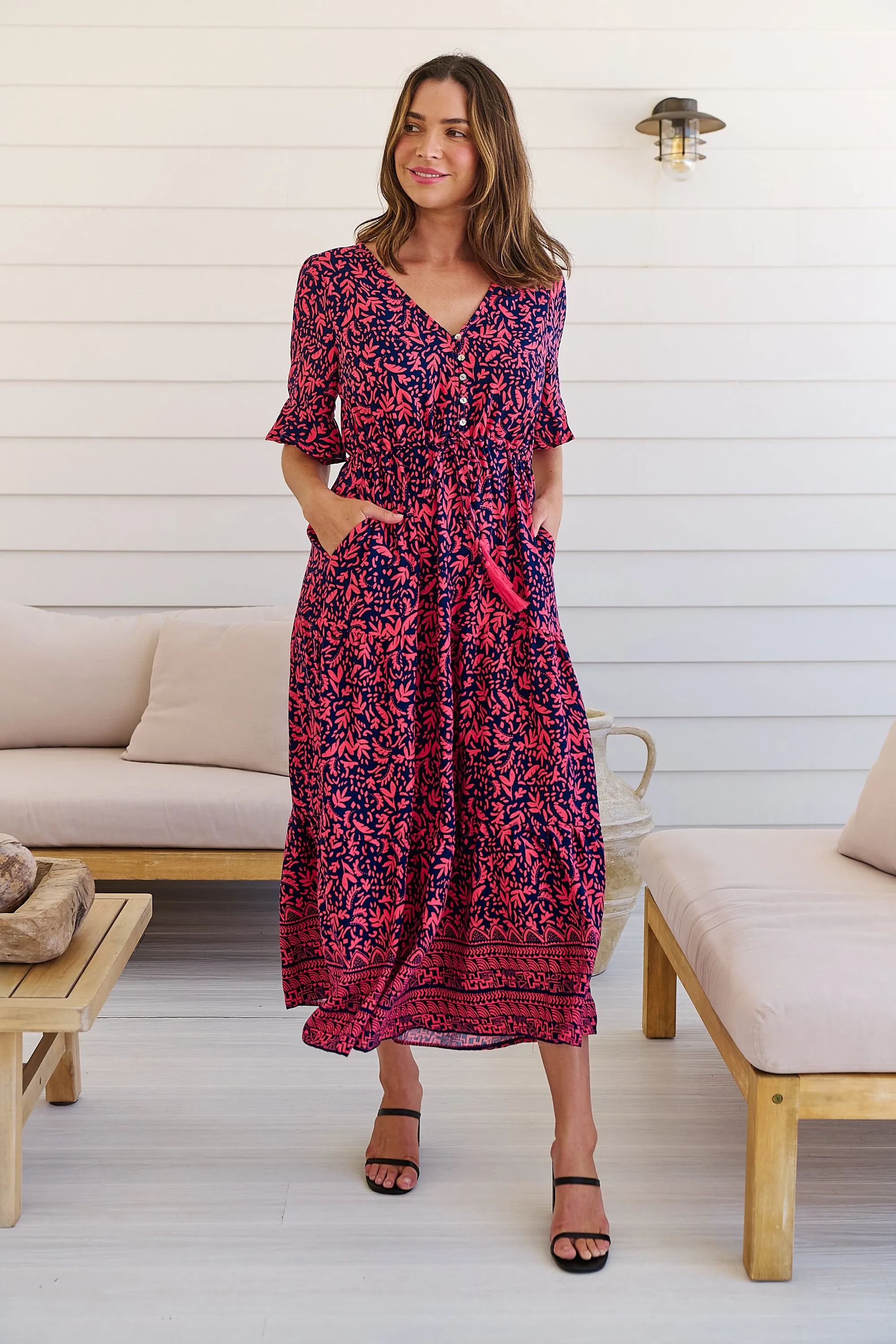 Nyla Navy/Pink/Red V Neck Maxi Dress