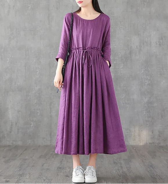 O Neck Long Sleeve Summer Spring Linen Women loose Dresses DZA05241