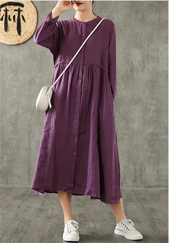 O Neck Long Sleeve Summer Spring Linen Women loose Dresses DZA20643