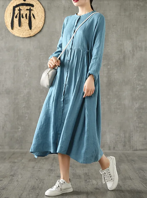 O Neck Long Sleeve Summer Spring Linen Women loose Dresses DZA20643