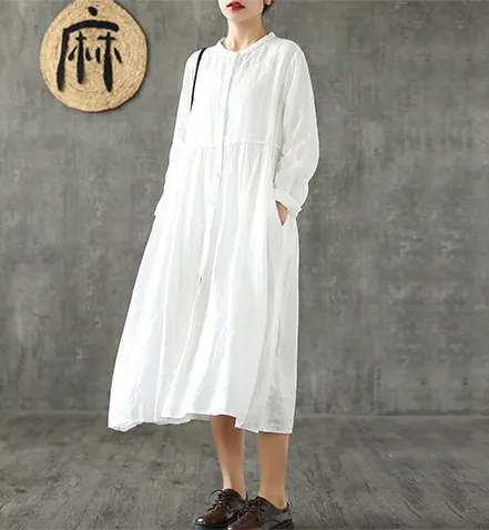 O Neck Long Sleeve Summer Spring Linen Women loose Dresses DZA20643