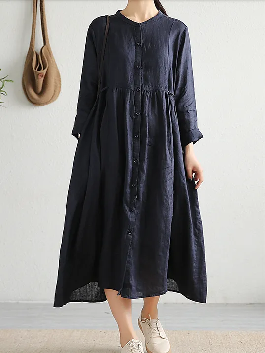 O Neck Long Sleeve Summer Spring Linen Women loose Dresses DZA20643