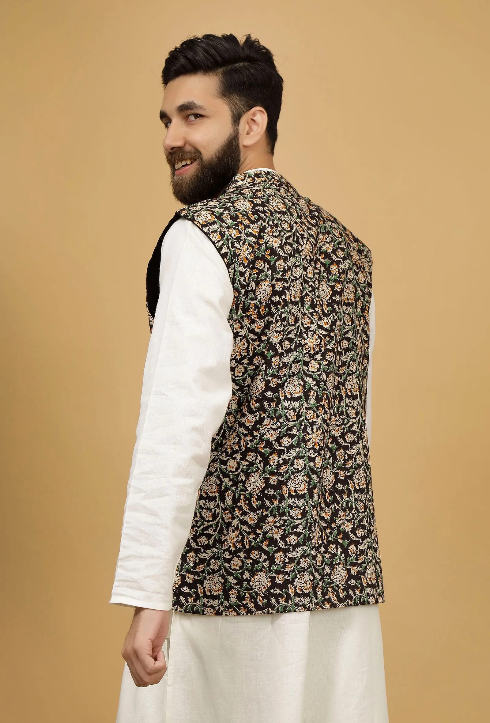 Onyx Black Floral Kalamkari Cotton Nehru Jacket