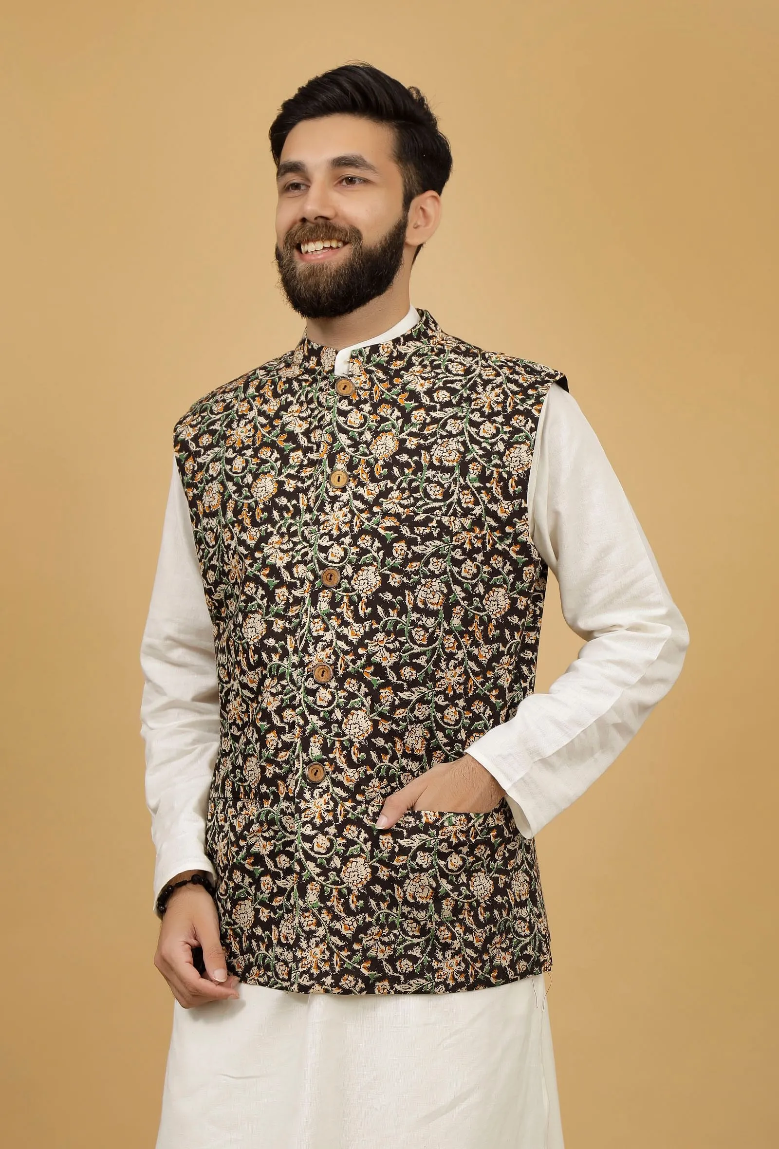 Onyx Black Floral Kalamkari Cotton Nehru Jacket