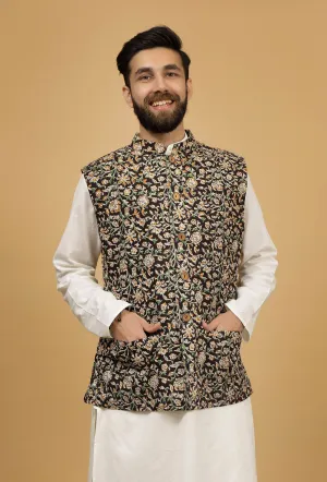 Onyx Black Floral Kalamkari Cotton Nehru Jacket