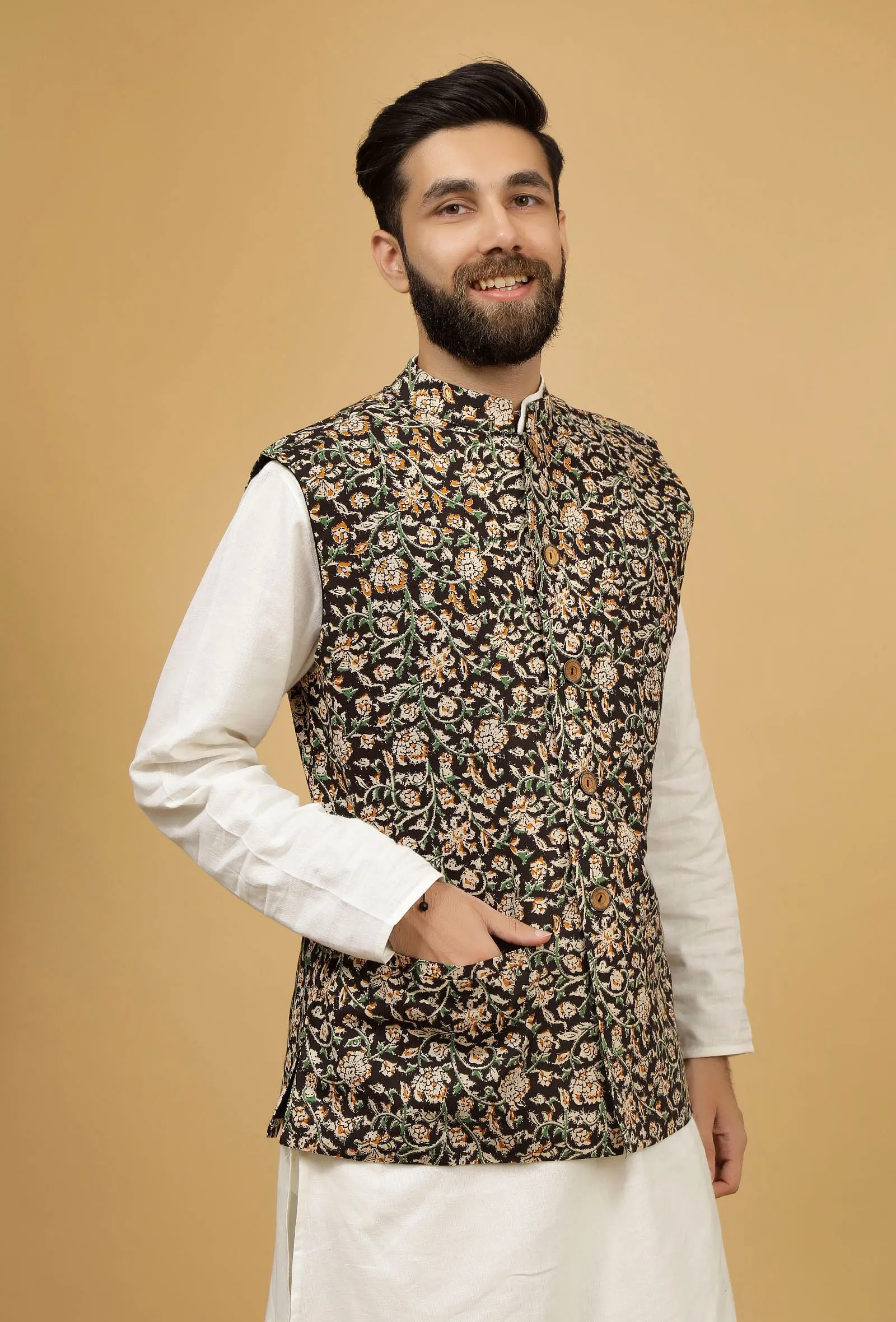 Onyx Black Floral Kalamkari Cotton Nehru Jacket