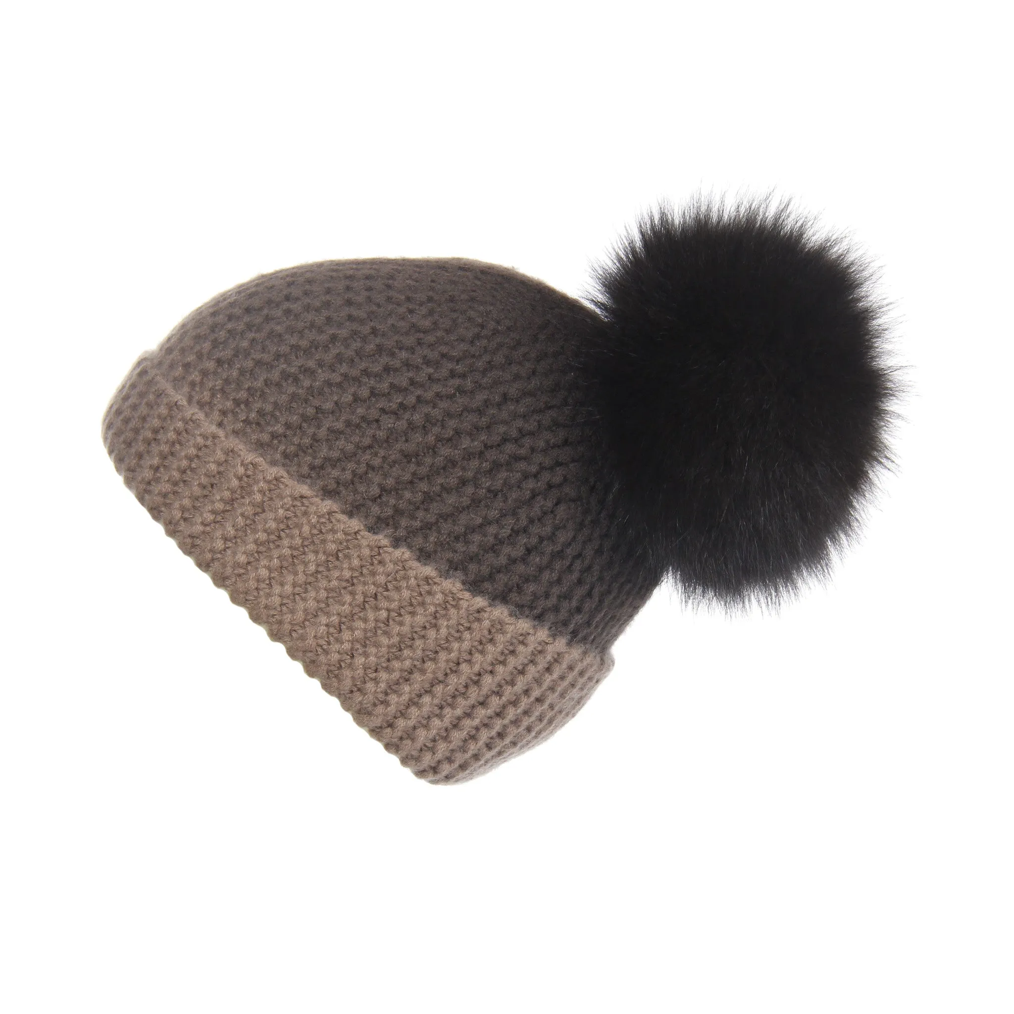 Pearl Stitched Brown Ombré Cashmere Hat with Brown Pom-Pom