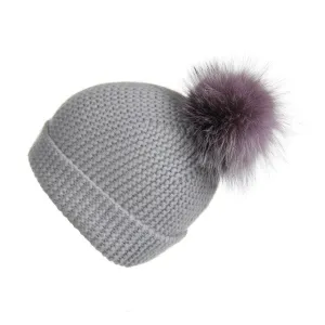 Pearl Stitched Light Grey Cashmere Hat with Lilac Pom-Pom