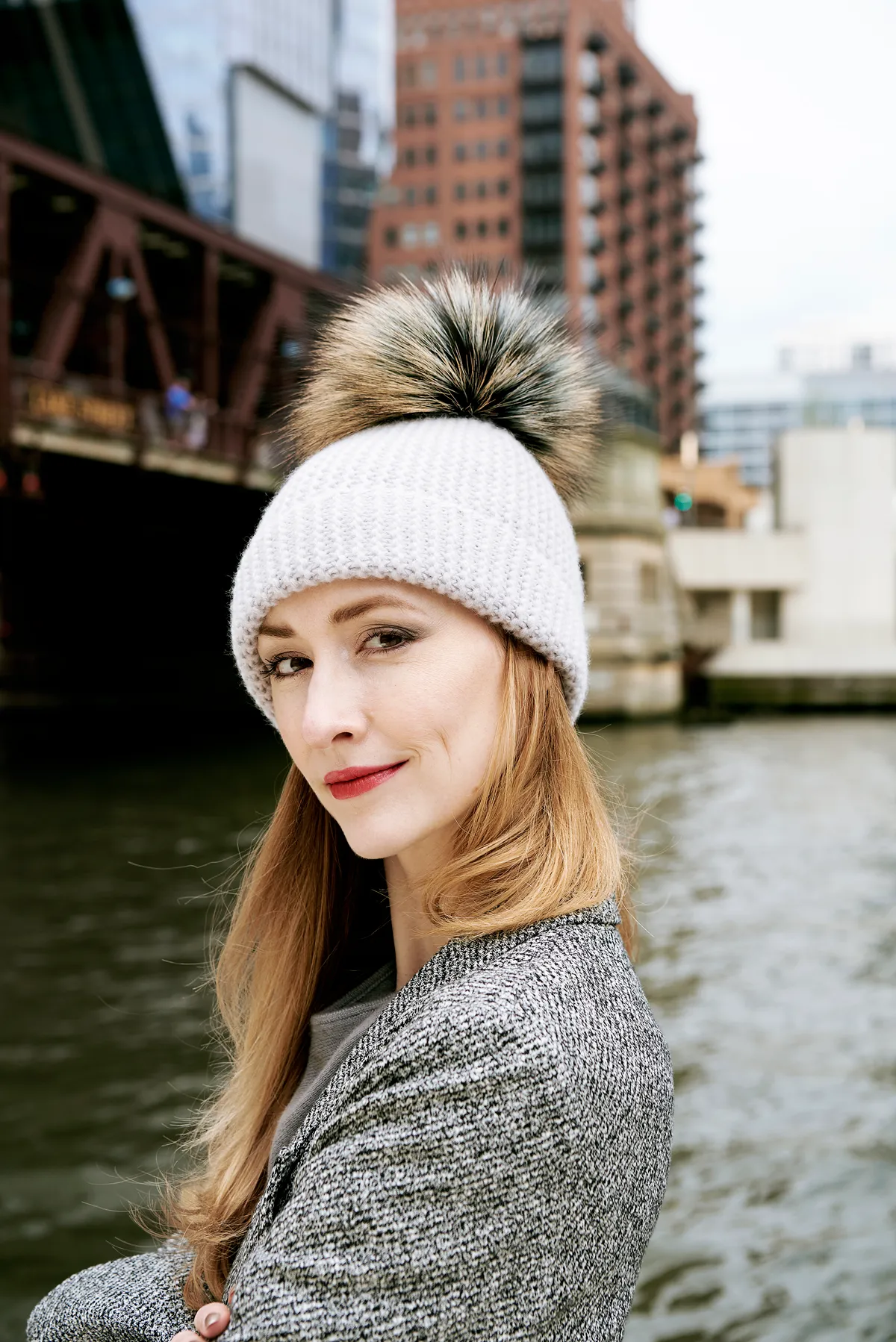 Pearl Stitched Light Grey Cashmere Hat with Seafoam Pom-Pom