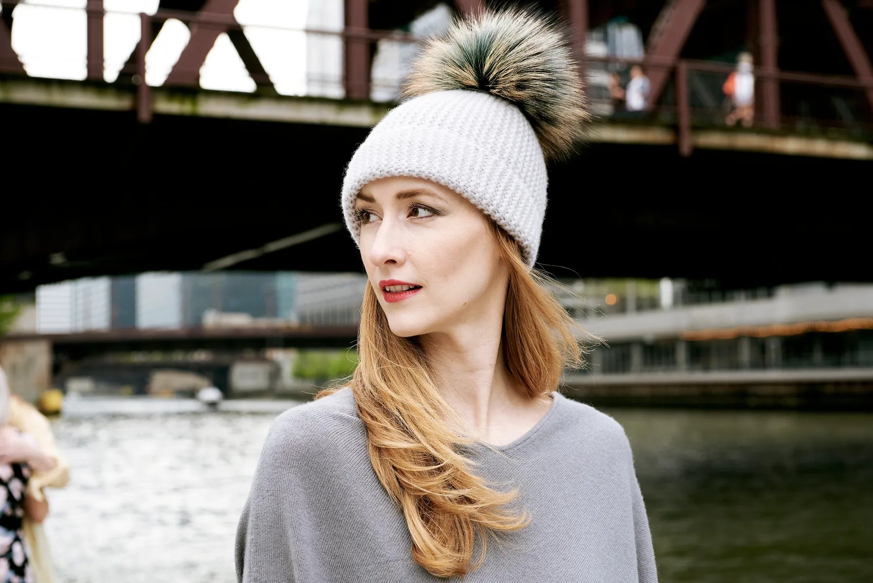 Pearl Stitched Light Grey Cashmere Hat with Seafoam Pom-Pom