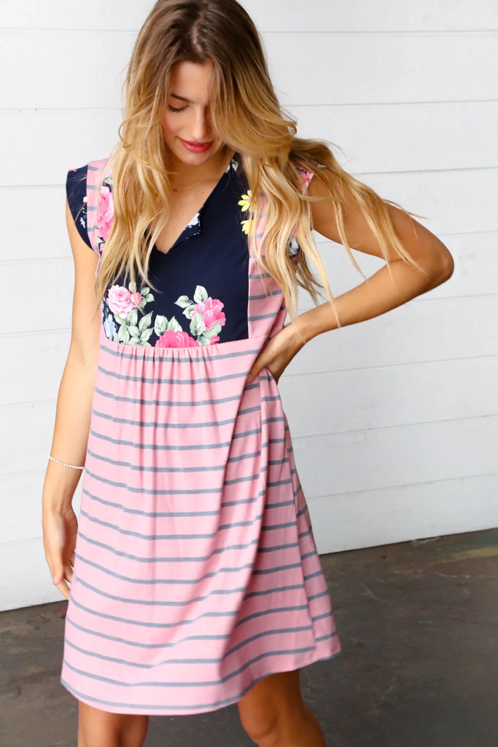 Pink Floral & Striped Yoke Babydoll Dress