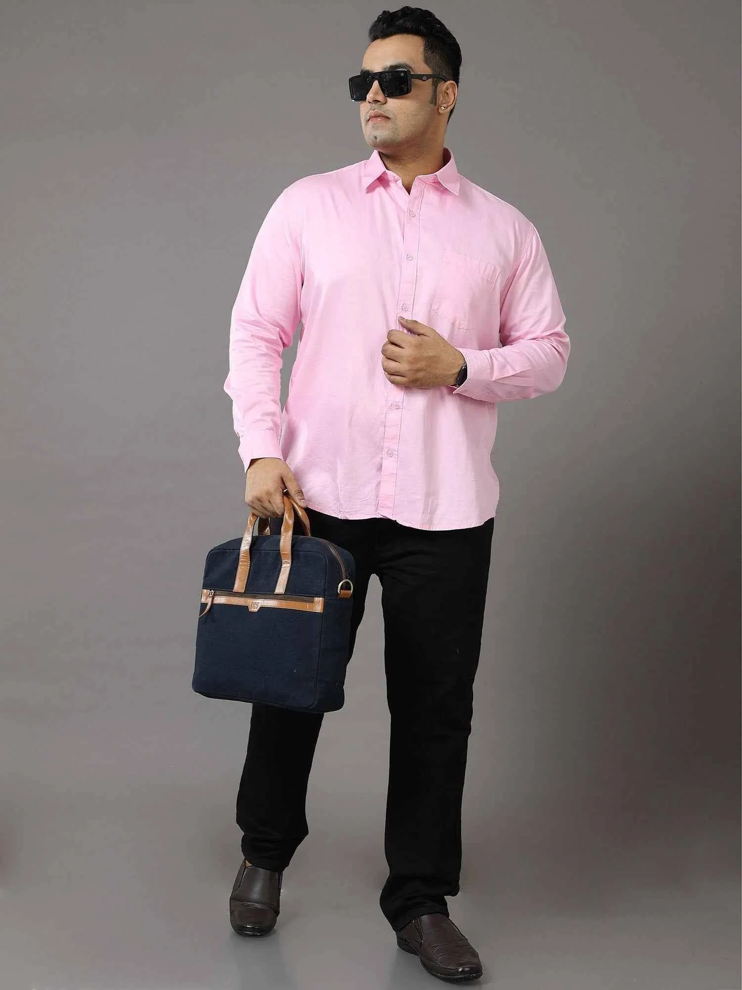 Pink Solid Pure Cotton Shirt Men's Plus Size