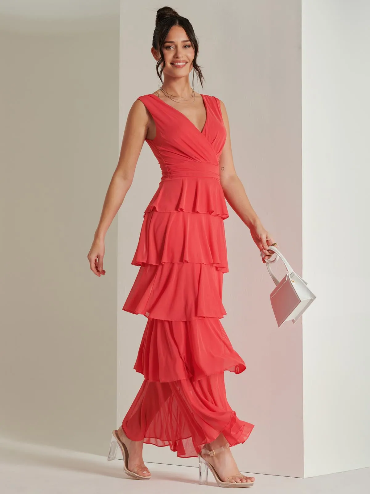 Plain Wrap Bodice Mesh Maxi Dress, Red