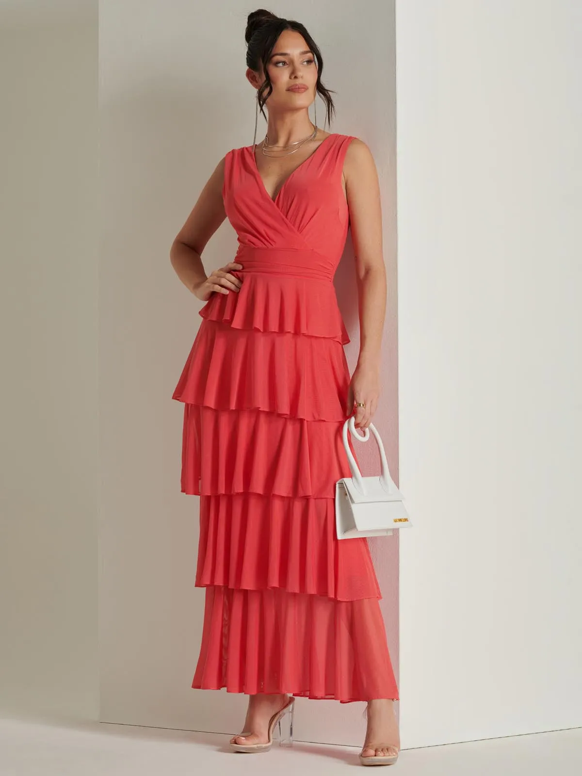 Plain Wrap Bodice Mesh Maxi Dress, Red