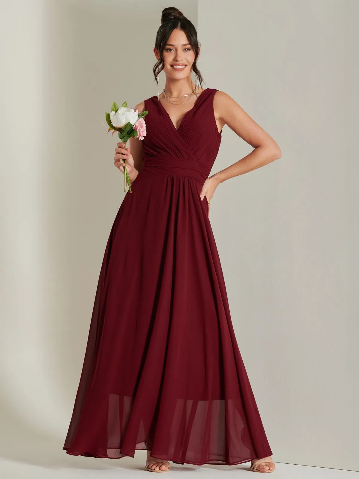 Pleated Bodice Chiffon Maxi Dress, Burgundy