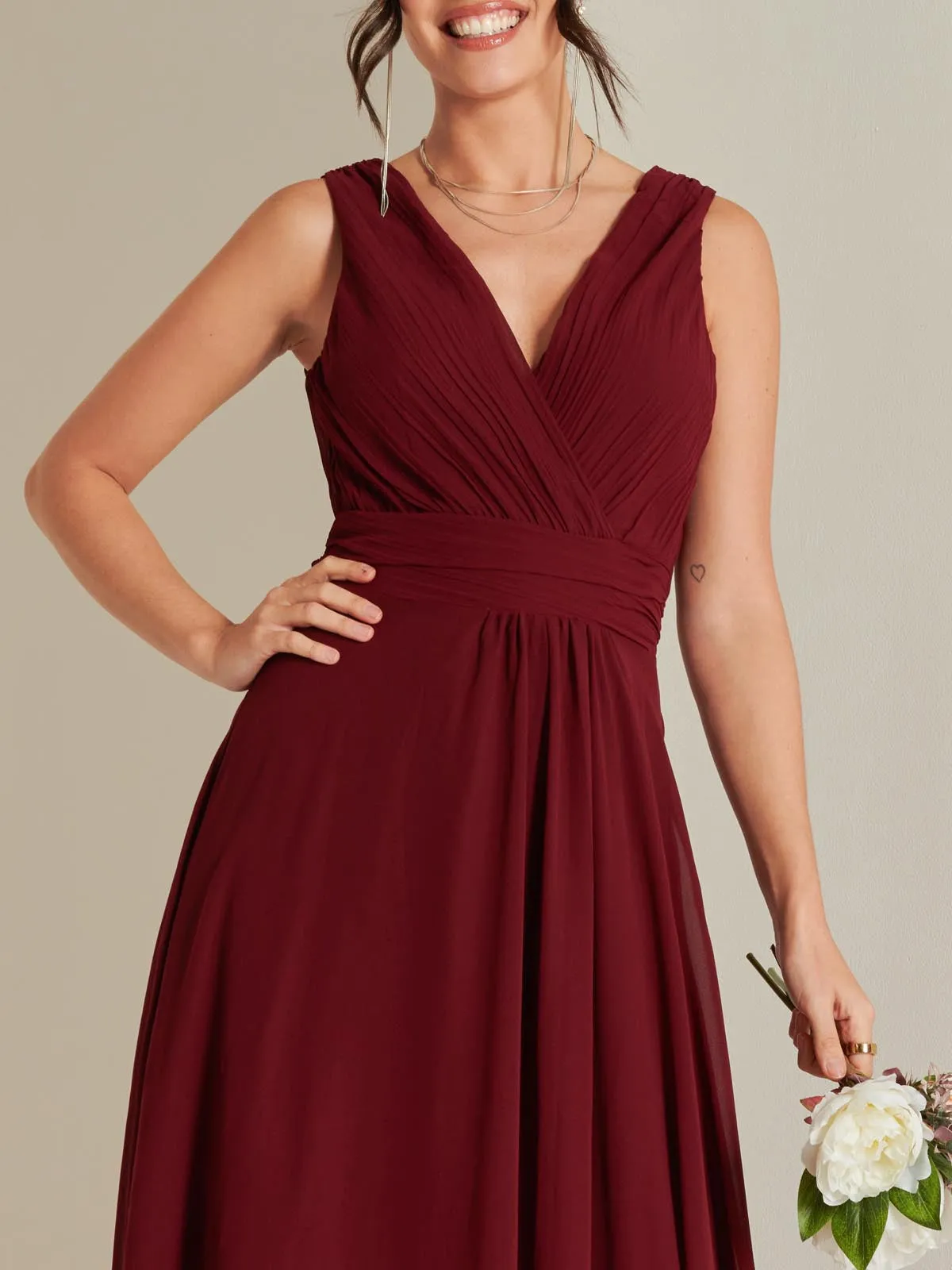 Pleated Bodice Chiffon Maxi Dress, Burgundy