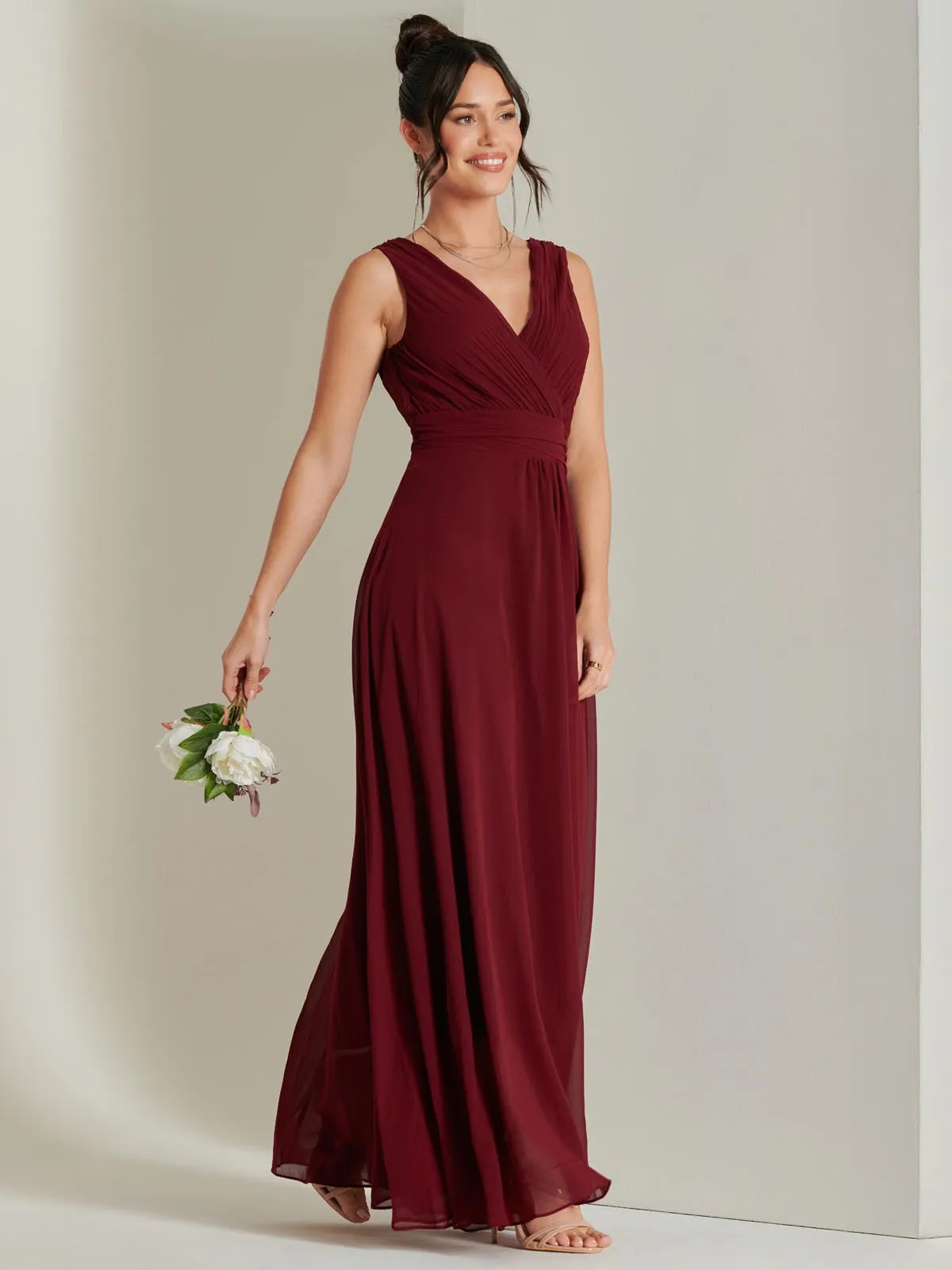 Pleated Bodice Chiffon Maxi Dress, Burgundy