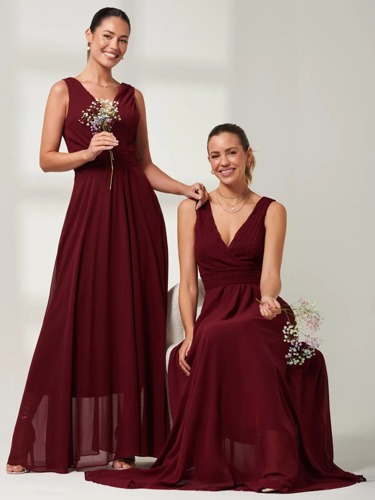 Pleated Bodice Chiffon Maxi Dress, Burgundy