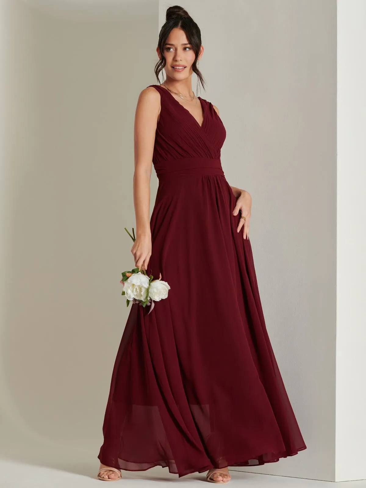 Pleated Bodice Chiffon Maxi Dress, Burgundy