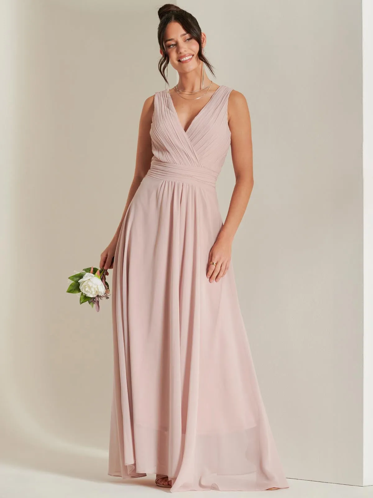 Pleated Bodice Chiffon Maxi Dress, Dusty Pink