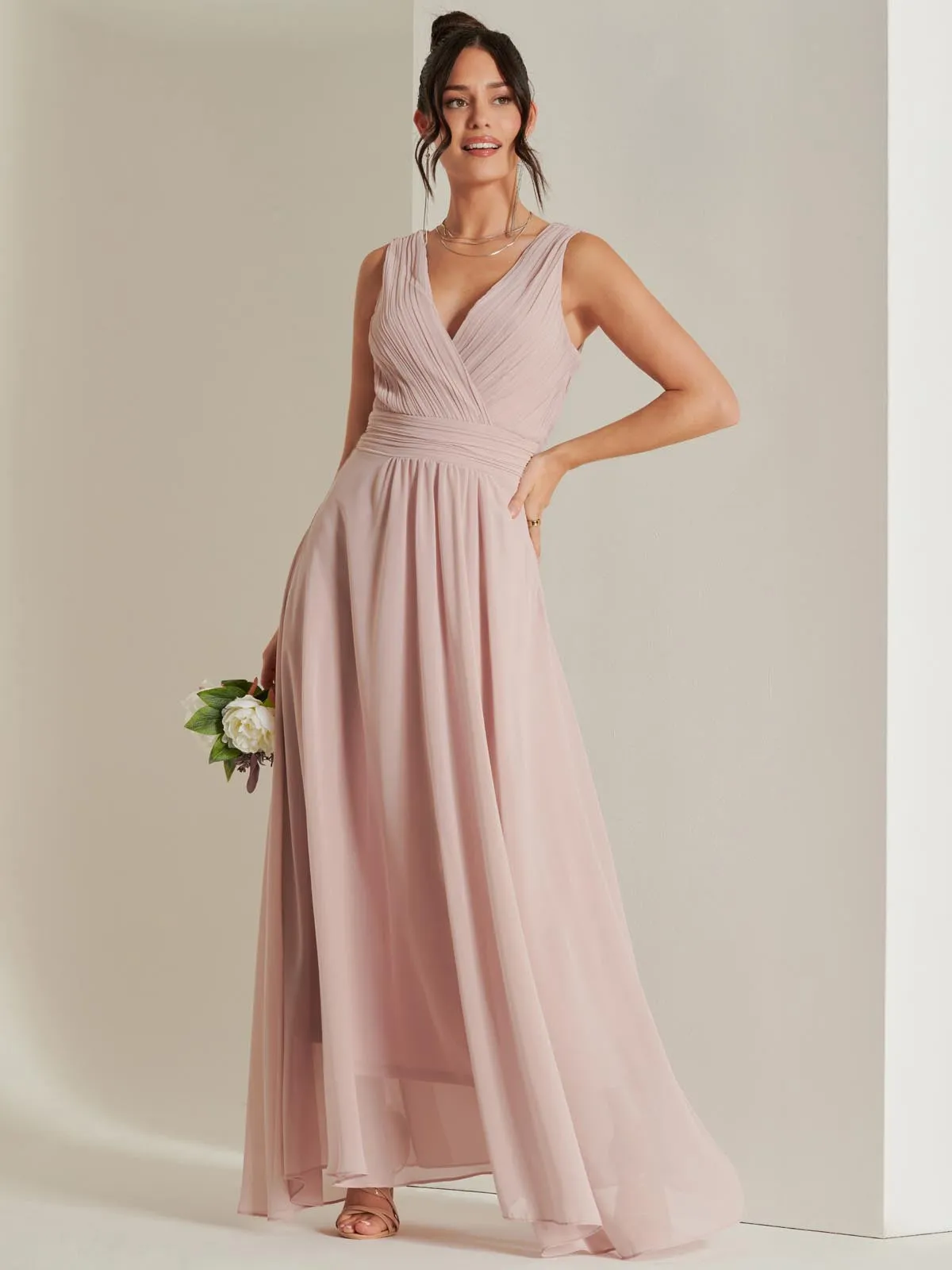 Pleated Bodice Chiffon Maxi Dress, Dusty Pink