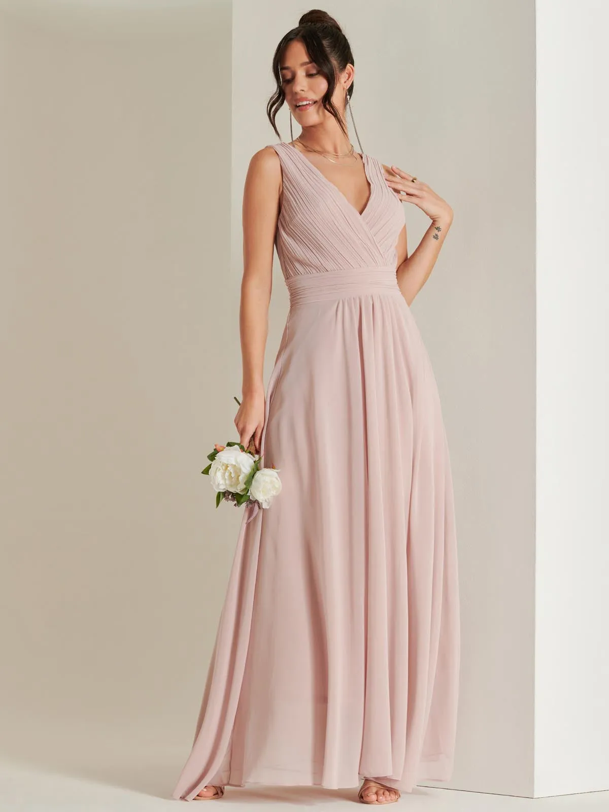 Pleated Bodice Chiffon Maxi Dress, Dusty Pink