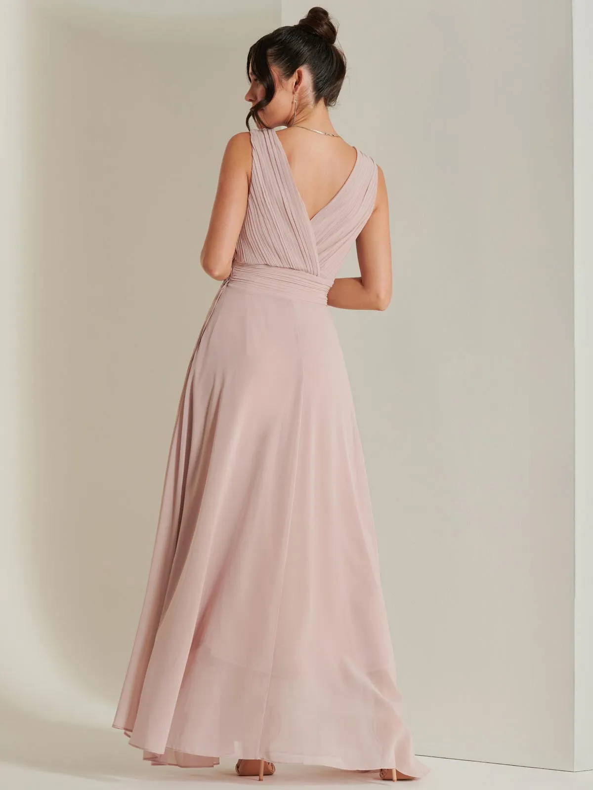 Pleated Bodice Chiffon Maxi Dress, Dusty Pink