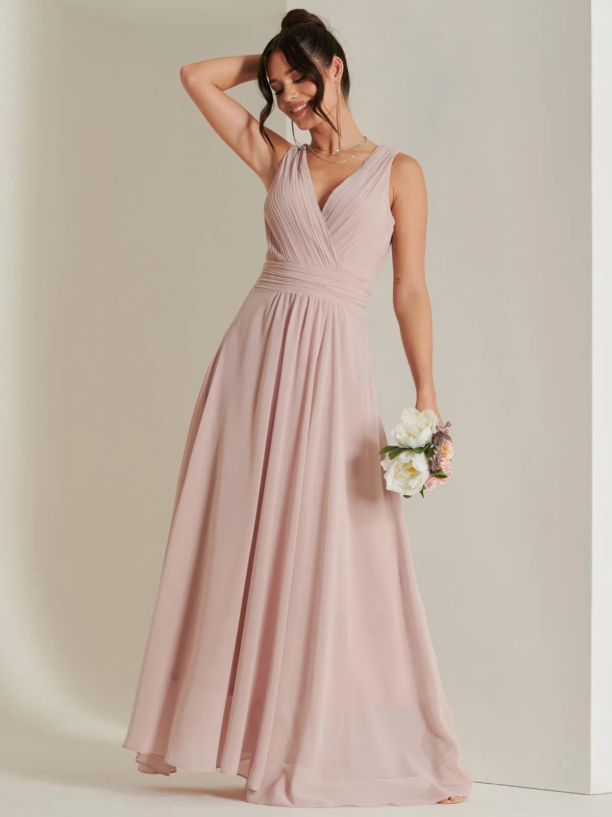 Pleated Bodice Chiffon Maxi Dress, Dusty Pink