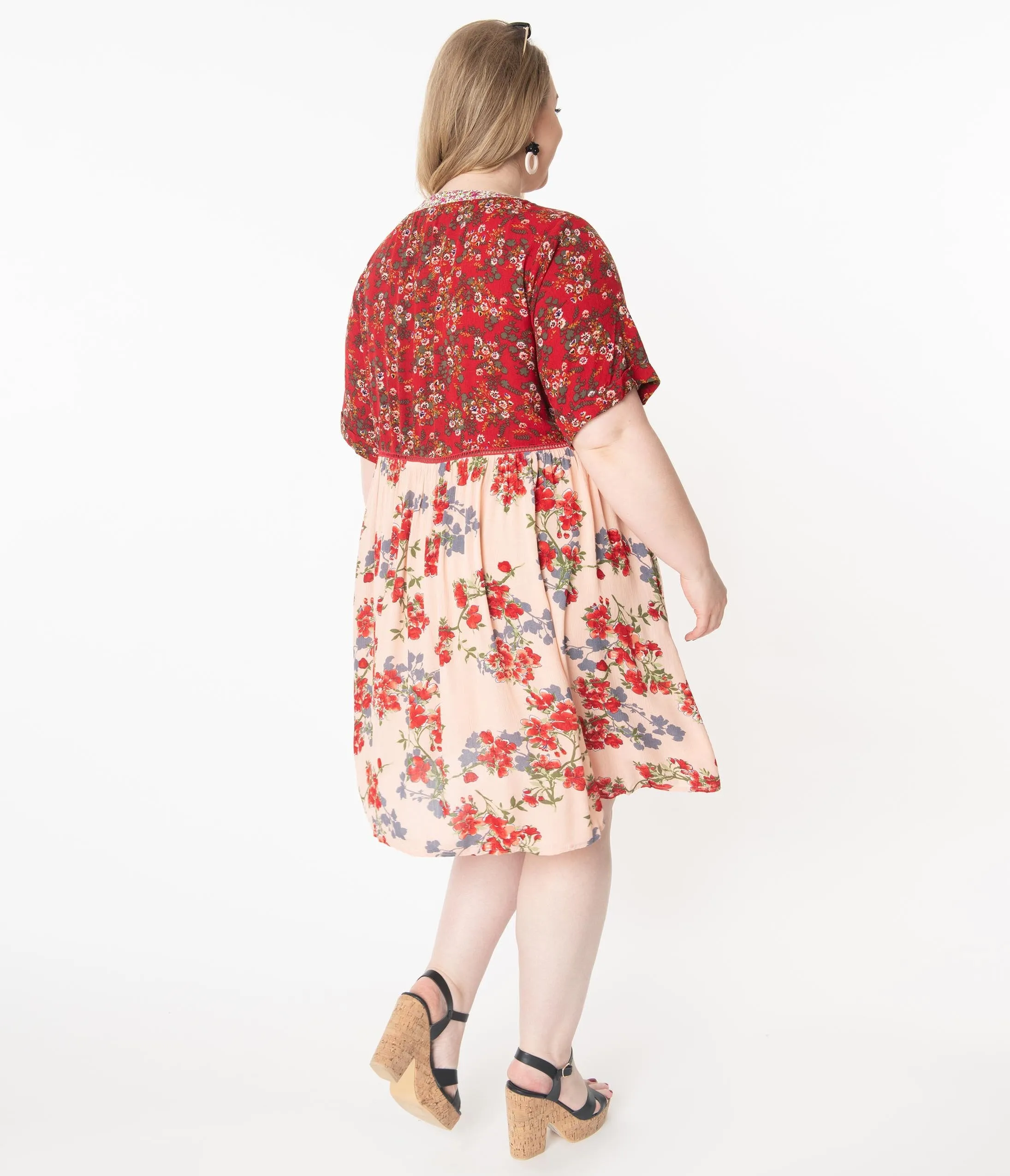 Plus Size Red & Pink Floral Babydoll Dress