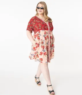 Plus Size Red & Pink Floral Babydoll Dress