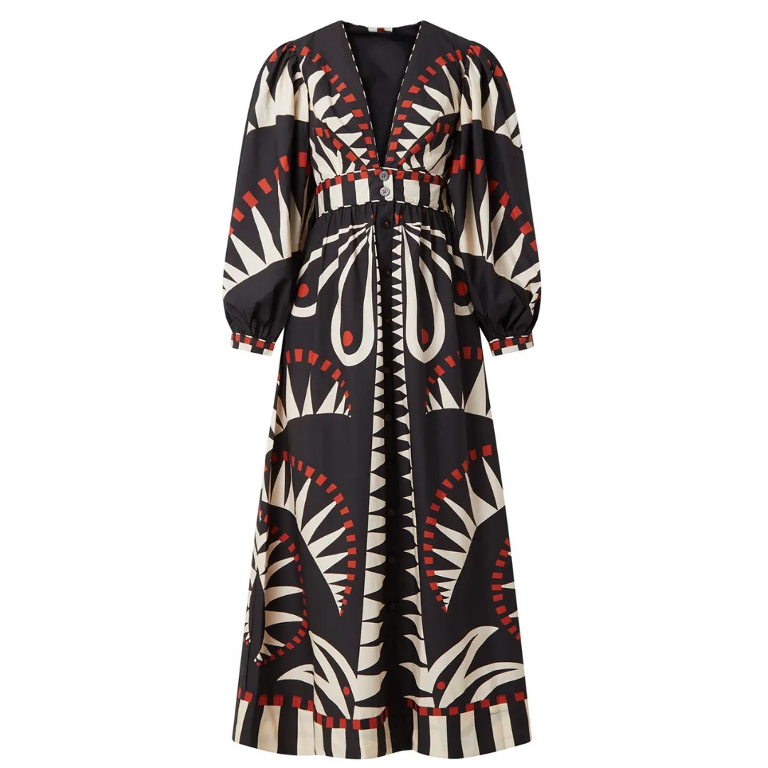 Pre Order: Vintage Print V-Neck Lantern Sleeve Maxi Dress