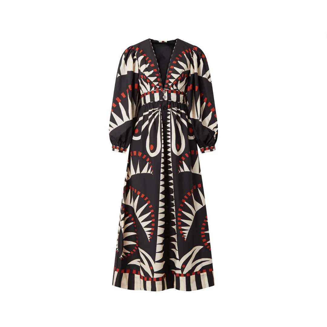 Pre Order: Vintage Print V-Neck Lantern Sleeve Maxi Dress