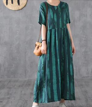 Print Short Sleeve Summer Spring Linen Women loose Dresses DZA20653